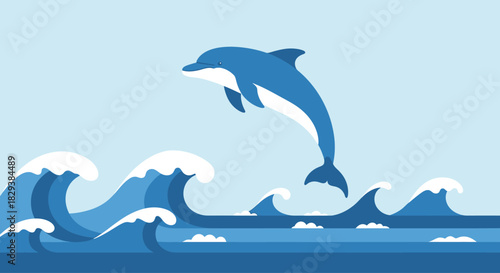 A single blue dolphin jumping gracefully out of the water.