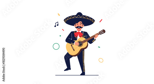 Mariachi musician in a traditional suit playing a guitar with confetti and musical notes.