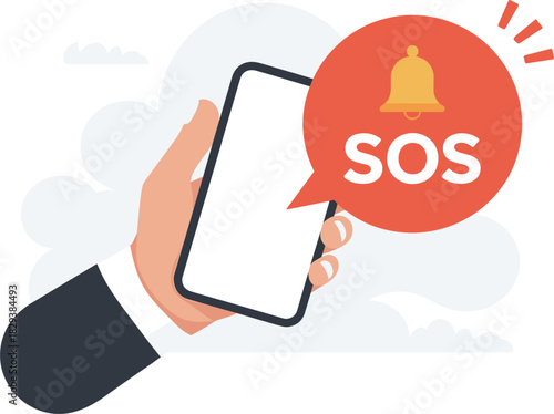 Hand holding smartphone with SOS alert notification and bell icon mobile