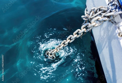 Boat Anchor Chain in Ocean Water.