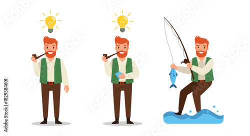 Man with red beard in three different scenes: having an idea, smoking a pipe and looking at a phone, and fishing.