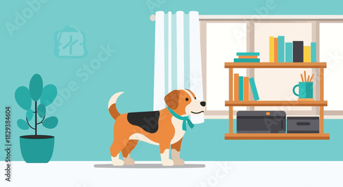 Adorable cartoon beagle dog standing in a room.
