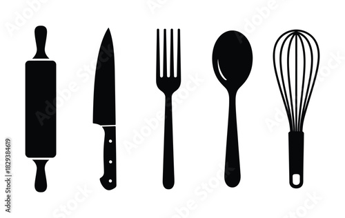 Kitchen Utensils Silhouette Icons Set - Cooking, Baking & Culinary Equipment