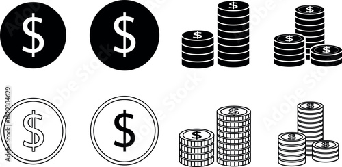 Dollar coin icon set with solid and outline money stacks, currency symbols and financial black white vector designs