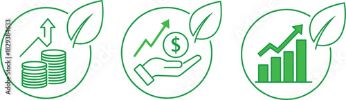 Eco-friendly financial growth icons with coins, investment hand, rising bar chart and sustainable economic concept