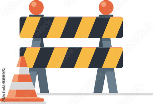Orange and Black Striped Road Barrier with Traffic Cone construction safety