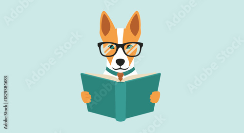 An intelligent cartoon dog wearing glasses while reading a book.