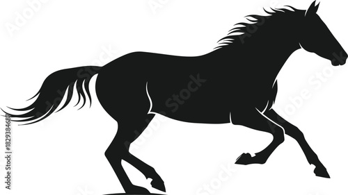 Black silhouette of a powerful horse in a running or galloping pose.
