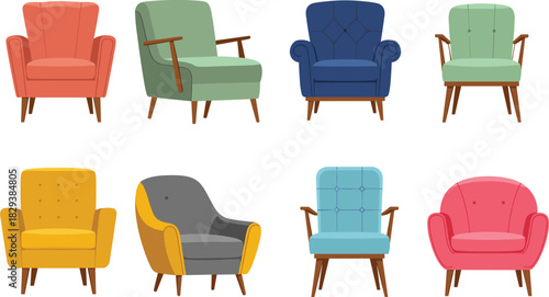 Colorful Mid-Century Modern Armchair Vector Set Featuring Various Styles, Tufted Upholstery, and Wooden Legs for Home Interior Design and Accent Decor.
