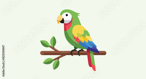 Colorful cartoon parrot perched on a wooden tree branch.