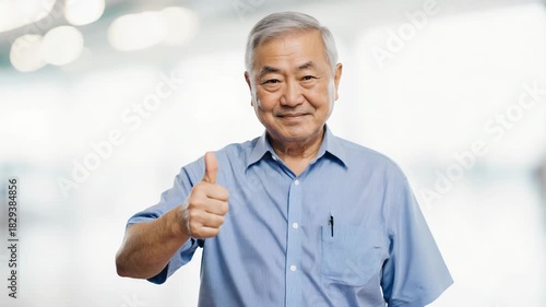 Happy senior Asian man showing thumbs up gesture looking at camera