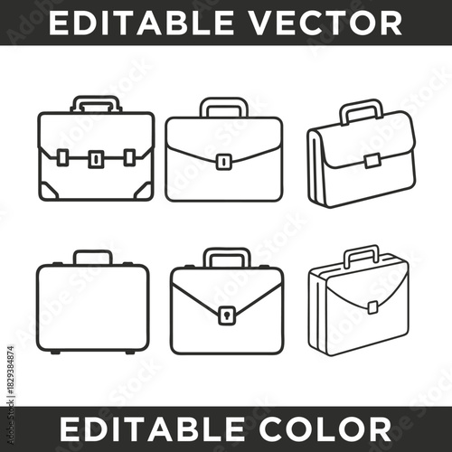 Set of six outline vector icons depicting various styles of business briefcases and suitcases, suitable for professional and corporate designs.