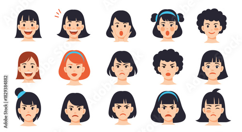 A collection of diverse female faces displaying a range of emotions and hairstyles.