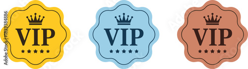 Three VIP Badges With Crowns And Stars In Different Colors labels emblems
