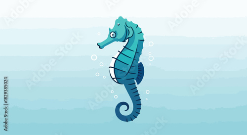 Cute blue cartoon seahorse character illustration swimming underwater.