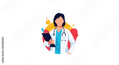 Illustration of a female doctor in a white coat holding a clipboard and stethoscope.