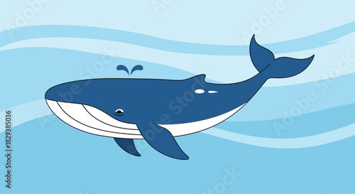 Cute blue cartoon whale character swimming in the water illustration.