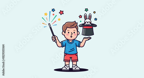 Cute cartoon boy performing a magic trick with a wand and top hat.