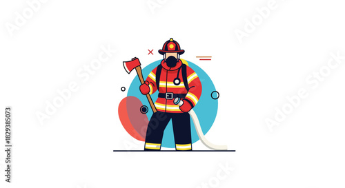Stylized illustration of a firefighter in full gear holding an axe and a hose.