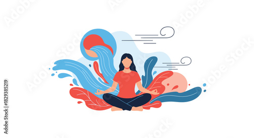 Woman meditating peacefully surrounded by abstract elements representing water and wind.