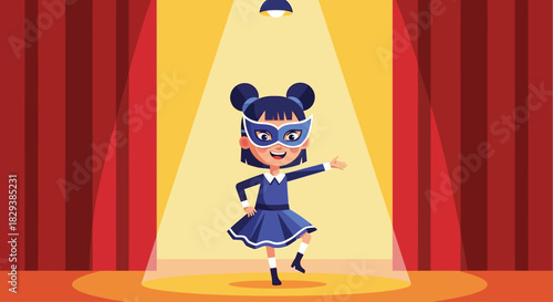 Cute cartoon girl in a blue dress and mask performing on stage.