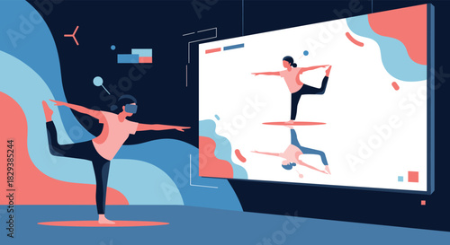 Woman doing yoga in virtual reality, following a digital instructor on a large screen.