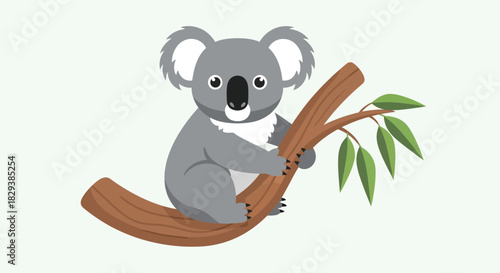 Cute cartoon koala bear sitting on a tree branch.