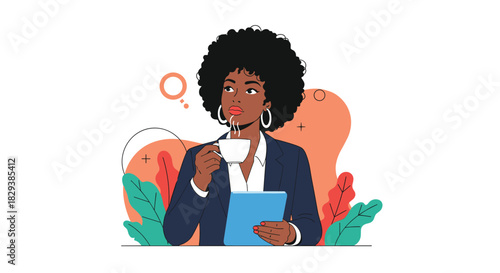 Illustration of a thoughtful Black woman in business attire holding a coffee cup and tablet.
