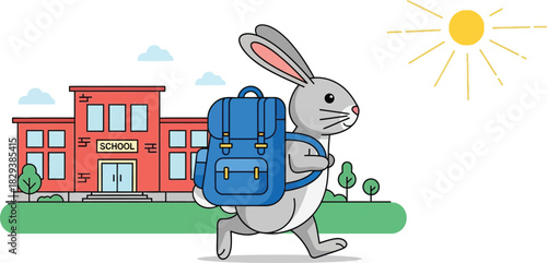 Cute cartoon rabbit student walking with a large blue backpack.