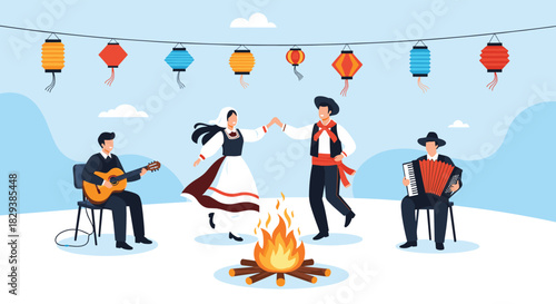 Traditional folk festival with dancing, music, and a bonfire under colorful lanterns.