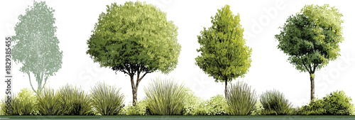 Four stylized trees with varied foliage and bushy undergrowth on a white background green nature