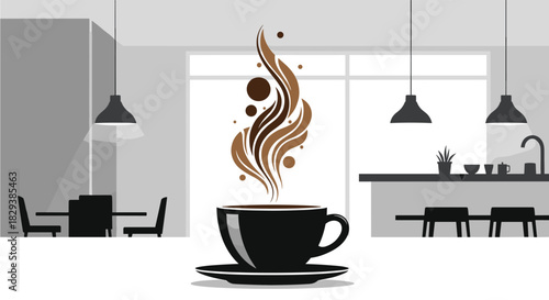 A black coffee cup with steaming latte art sits on a saucer in a modern cafe setting.