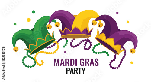 Mardi Gras party decorations with jester hats and colorful beads on a white background.