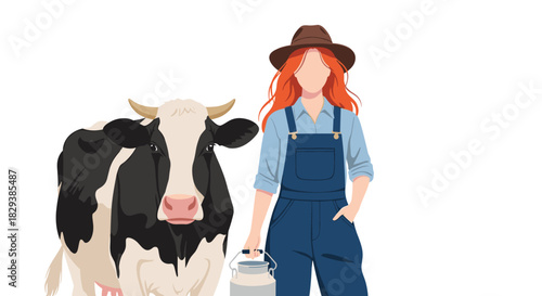 A farmer with red hair and overalls stands next to a black and white cow holding a milk pail.