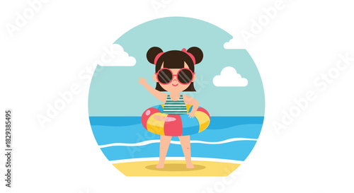 Cute cartoon girl in sunglasses and a striped swimsuit wearing a colorful swim ring on the beach.