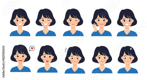 Collection of a young woman's diverse facial expressions, showcasing a wide range of emotions from joy and flirtation to worry and sadness.