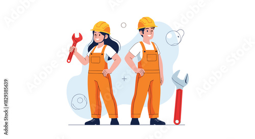 A cheerful male and female construction worker in orange overalls and hard hats stand with wrenches, ready for building and repair tasks.