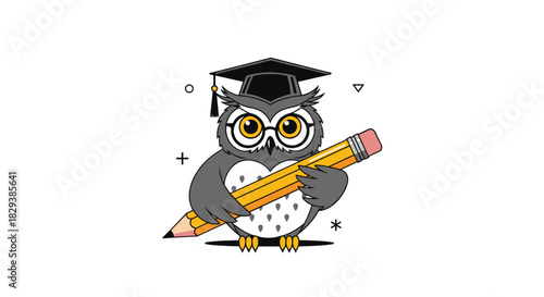 A wise and friendly cartoon owl, wearing a graduation cap and glasses, thoughtfully holds a large yellow pencil, symbolizing education.
