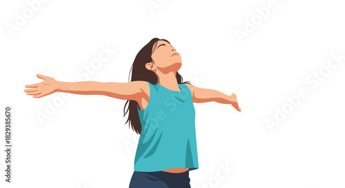 A happy young woman embraces life with open arms, looking towards the sky with a serene and joyful expression.