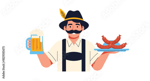 A cheerful Bavarian man in traditional attire holds a foamy beer stein and a plate of sausages, celebrating German culture.
