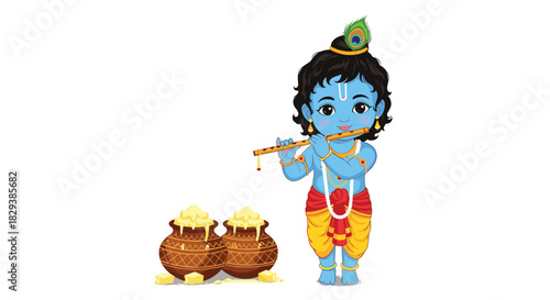 Charming cartoon baby Lord Krishna, Bal Gopal, with blue skin and a peacock feather, playing a flute beside traditional pots filled with butter.