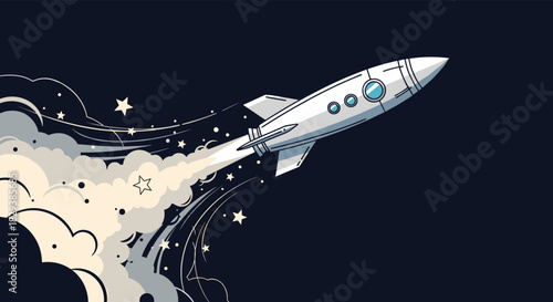 A sleek white rocket launches into the dark night sky, leaving a trail of smoke and stars behind, symbolizing progress and ambition.