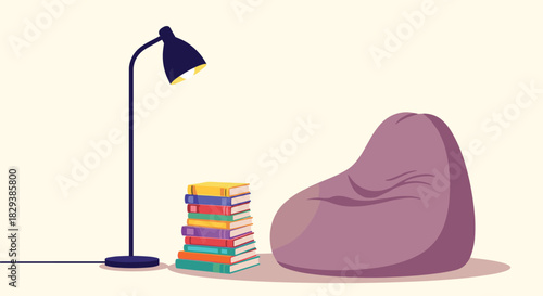 An illustration of a serene reading space at home, complete with a bright lamp, neatly stacked colorful books, and a soft bean bag seat.