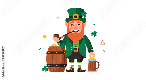 Cheerful leprechaun in green, with a red beard, holding a pipe and beer, standing by a barrel of gold, celebrating St. Patrick's Day.