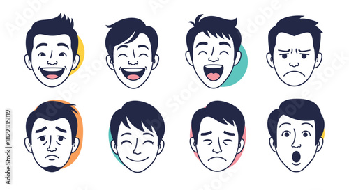 A collection of expressive cartoon faces, showing various male emotions from happiness and laughter to sadness, anger, and surprise.