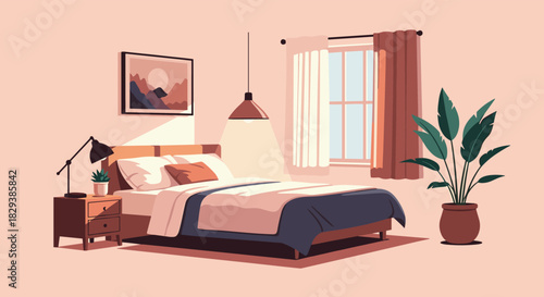 Warm and inviting minimalist bedroom interior, featuring a comfortable bed, bedside lamp, framed art, window, and potted plant.