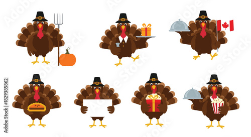 Cheerful cartoon turkeys in pilgrim hats, celebrating Thanksgiving and autumn with items like pie, gifts, harvest elements, and the Canadian flag.