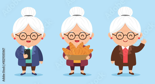 Three cheerful cartoon grandmothers depict different activities, one holding a smartphone, another with croissants, and the third waving hello.