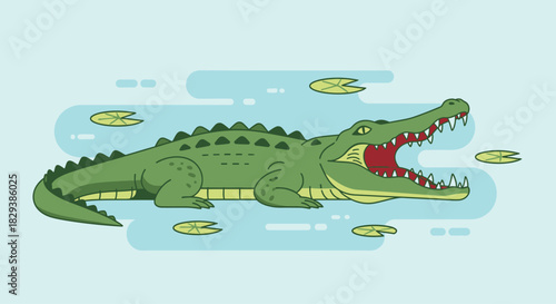Fierce green cartoon crocodile with a wide open mouth showing sharp teeth.