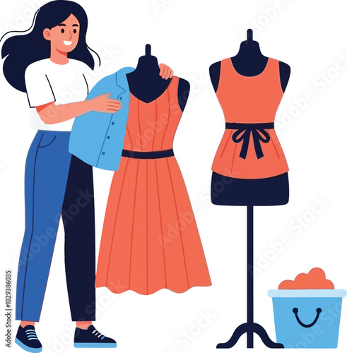 Female fashion designer character working with mannequins and clothing.